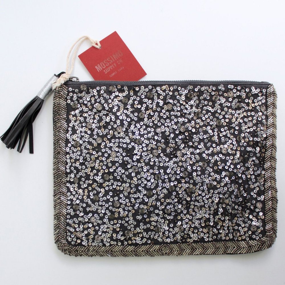 Mossimo Dark Gray Silver Sequin Beaded Tassel Zip Pouch Clutch Bag